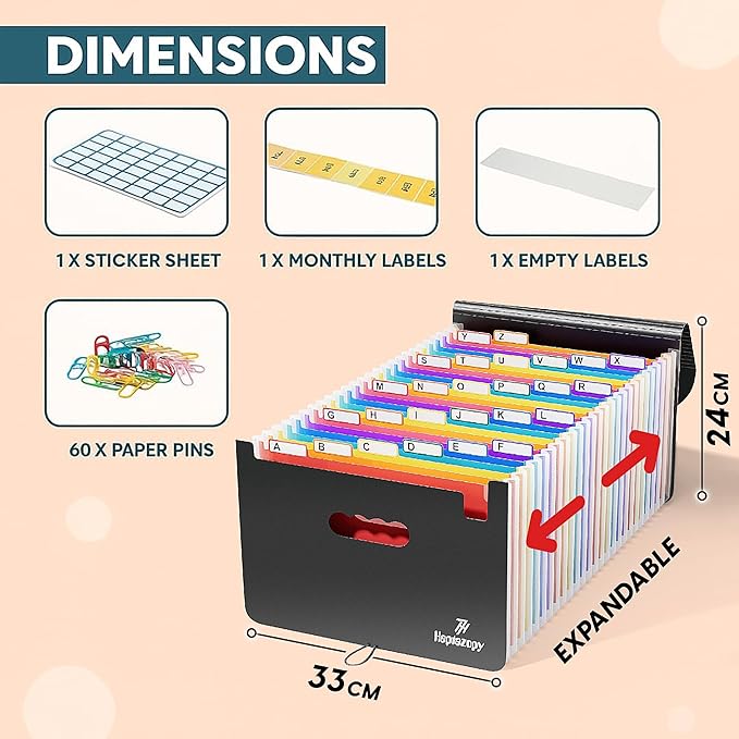 26 Pockets Plastic Accordion File Organizer, Expanding File Folder Organizer, A4 Letter Size Filing Organizer with Colorful Tabs, Elastic Cord, 60 Paper Clip, Label & Stickers for Office School Home