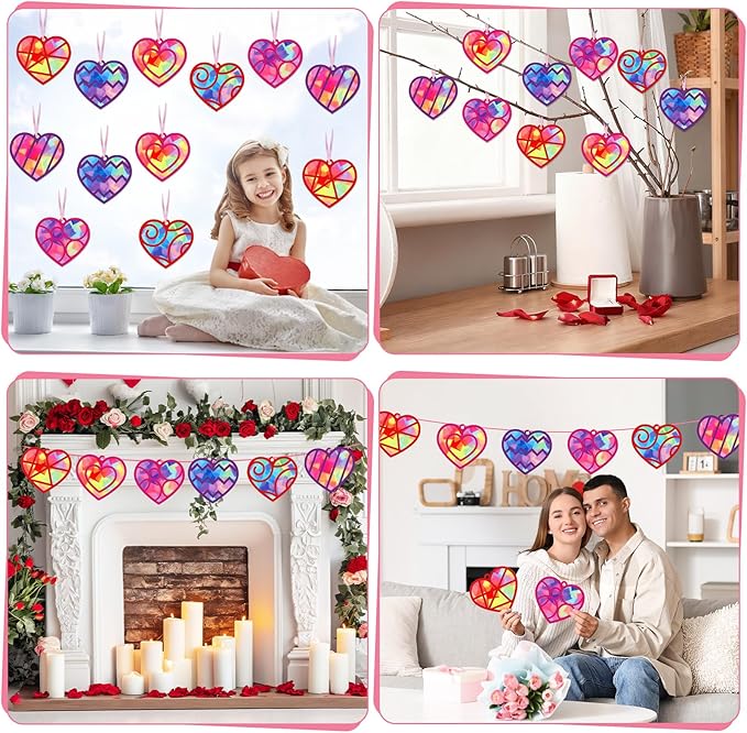Qyeahkj 36 Set Valentine's Day Suncatchers Craft Kit DIY Heart Window Stained Glass Effect Paper Pink Love Window Tissue Paper Craft School Classroom Home Decor Valentines Art Supplies Kids Favor Gift