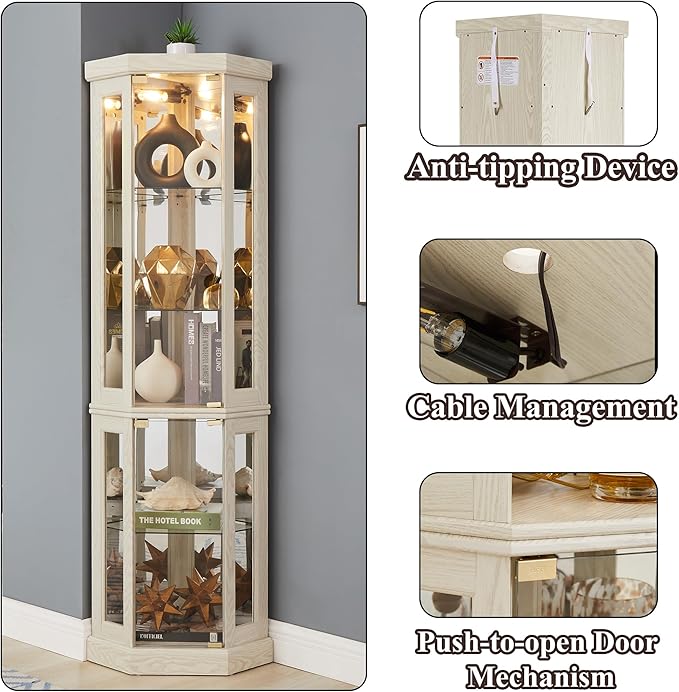 69" H Lighted Curio Cabinet Corner Display Case,Corner Glass Cabinet with Tempered Glass Door and Adjustable Shelves,Wooden Curio Case with Mirrored Back Pane (Style 2 - Antique White)