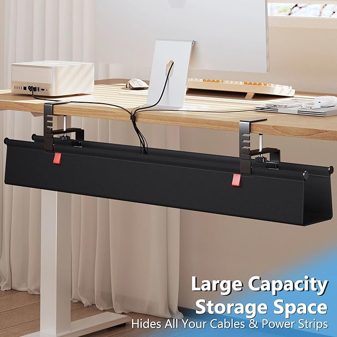 Litwaro Under Desk Cable Management Tray No Drill, 28.4" Cord Organizer with Clamp for Standing Desk, Premium Fabric Cable Tray with Wire Management for Office Home, Black