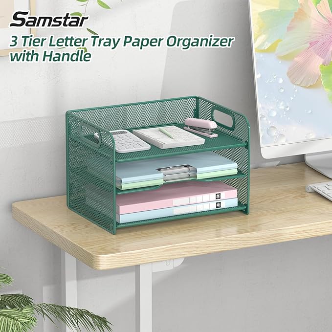Samstar 3 Tier Green Letter Tray Paper Organizer with Handle, Mesh Desk Organizer Paper Sorter File Rack Shelves, Green