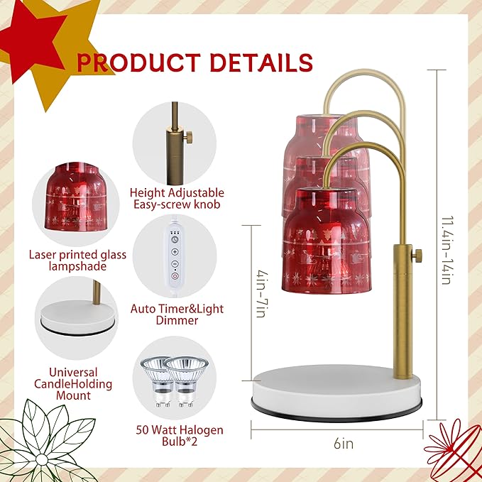 AIKUT Christmas Candle Warmer Lamp, with 2 Bulbs,Timer & Dimmer,Compatible with Large Yankee Candle Jars,3 Wick Candles,Height Adjustable Electric Top Melter,Red,110-120v,Mother's Day Gifts