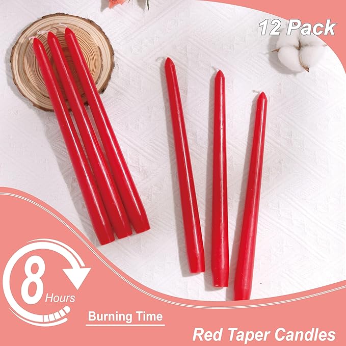 Red Taper Candles 10-Inch - Dripless Tall Christmas 12 Pack Tapered Candlesticks Unscented Smokeless Long Slow Burning Red Candle Sticks 8 Hours Paraffin Wax for Dinner Valentine’s Day Decor