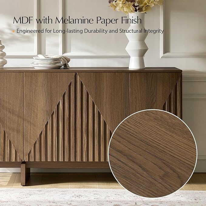 HULALA HOME Mid Century Modern Solid Wood Sideboard with Triangle, 4 Door Fluted Buffet Cabinet with Storage, 58" Sideboard Cabinet with Adjustable Shelves, Walnut