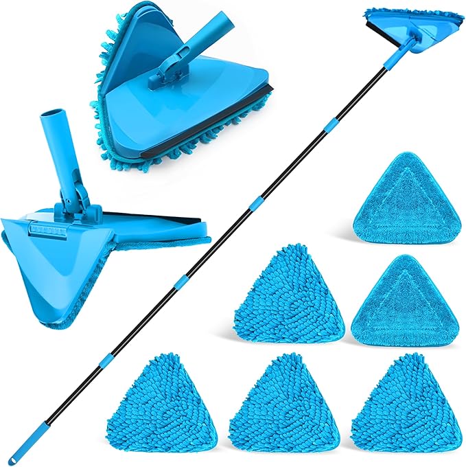 NEWE Wall Mop Cleaner with 80 Inch Long Handle, 180° Folding Ceiling Cleaner with Squeegee, Cabinet Cleaning Tool, Wall Scrubber, Triangle Baseboard Scrubber, 4 Chenille Duster & 2 Microfiber Pads