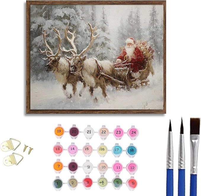 Paint by Number Kit for Adults & Kids, Christmas Santa Reindeer Sleigh 16x20 Inch, DIY Acrylic Painting Kit with Brushes & Paints, Holiday Art Craft for Home Decor Unframed