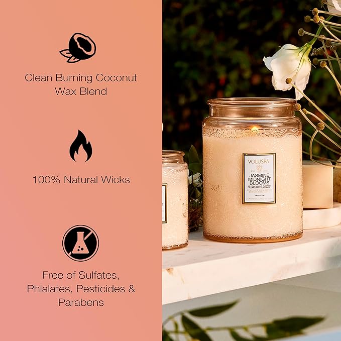 Voluspa Jasmine Midnight Blooms Candle, Large Glass Jar Candle, 18oz, Coconut Wax Blend, Scented Candles for Home, 100 Hour Burn Time, Handcrafted in The USA
