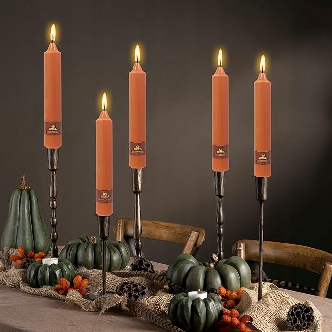 4 Pack Handmade Pumpkin Taper Candles Sticks Unscented 9 inch Tapered Candle Ideal as Dinner Smokeless Long Burning Candlesticks for Halloween Thanksgiving Dinner Autumn Wedding Home Decor Candles