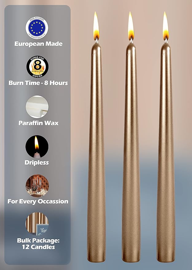 Hyoola Tall Metallic Antique Gold Taper Candles - 10 Inch - Dripless - 12 Pack - 8 Hour Burn Time