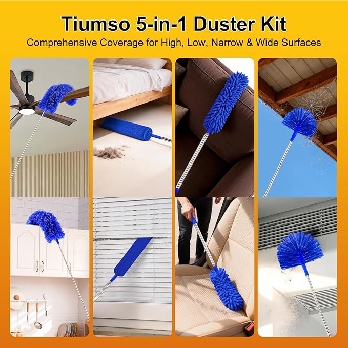 Tiumso Dusters for Cleaning,Microfiber Feather Duster 5-in-1 Kit, Duster with Extension Pole 100 Inches, Cobweb Duster, Microfiber Dusters for High Ceilings and Fans, Blinds and Cars