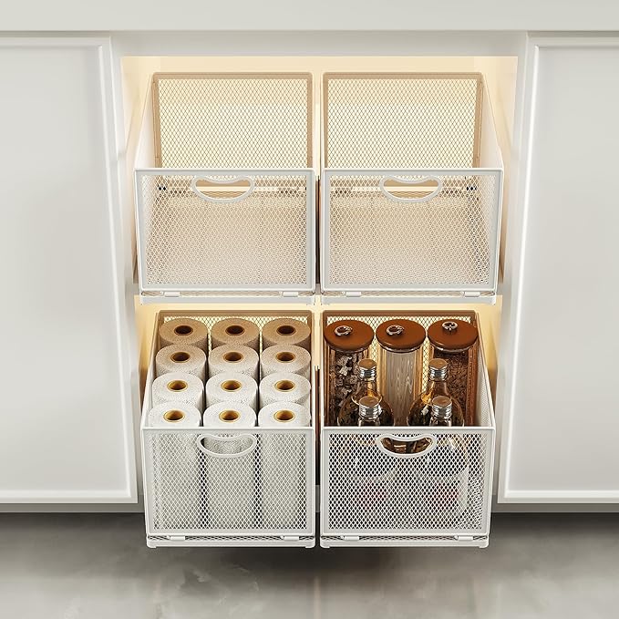 2 Pack Pull Out Cabinet Organizer, No Drill Adhesive Sliding Drawers for Kitchen, Metal Mesh Wire Storage Shelf for Pantry & Under Sink, White (9.6" W x 11.8" D x 8.4" H)