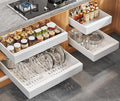 4Pack Expandable Pull Out Cabinet Organizer 21"Deep with Raising Pad for Framed Cabinets,Slide Out Drawers with 4pcs Divider Racks,Roll Out Shelves Adhesive,Adjustable Width 12.05"-20.4"White