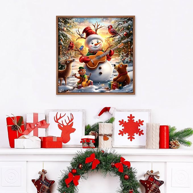 MEIYUDA Christmas Diamond Painting Kits for Adults, 5D Happy Snowman with Animals Diamond Art Kits for Beginners, Jolly DIY Gem Art Crystal Painting for Home Wall Decor and Present 12x12inch