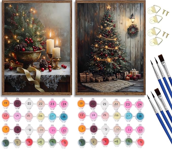 Paint by Number Kit for Adults & Kids, 2 Pack Christmas DIY Painting Kit, 16x20 Inch Canvas Each, with Brushes, Paints & Hanging Kits Unframed