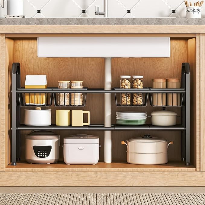 Under Sink Organizer and Storage,2 Tier Expandable Organization and Storage with 4 Panels and 4 Baskets,Cabinet Organizer,Under Sink Shelf,for Kitchen,Bathroom,Laundry Pantry Cabinet,Black