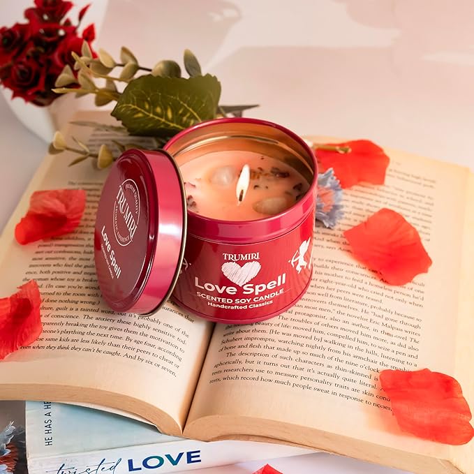 Love Spell - Scented Candles for Women & Men with Rose Petals and Crystals - 5oz Soy Clean Organic Non Toxic - Velas Aromáticas - Aromatherapy Spa Valentines Gift Home Décor Aesthetic Candel
