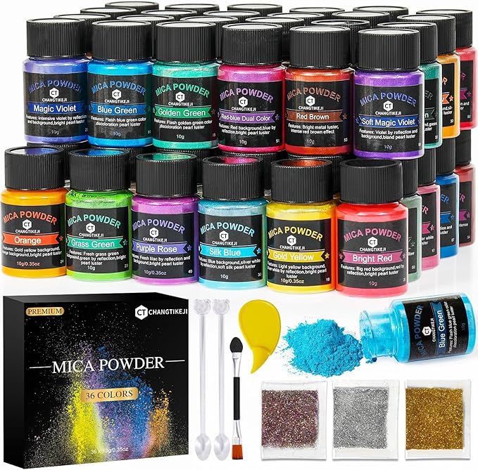 CHANGTIKEJI Mica Powder，36 Colors - 10g/Bottle of Natural Pigment Powder for Epoxy Resin，Soap Making，Candle Making,Lip Gloss,Car Freshies,Dye,Nail Polish,Bath Bombs
