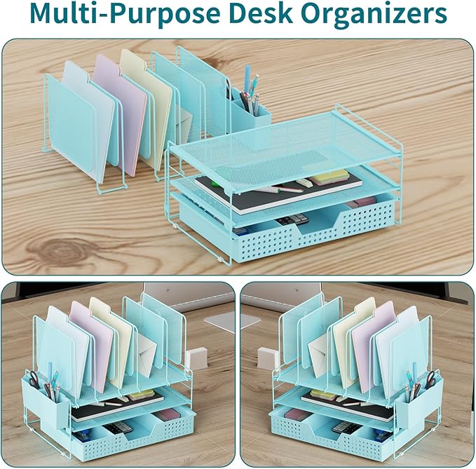 LEKETREE Blue Desk Organizer, Office Organization with Vertical File Holder, File Organizer with Drawer and Pen Holder, Desk Accessories and Workspace Organizers for Home Office (Sky Blue)