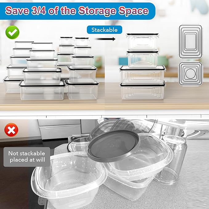 44-Piece Reusable Food Storage Containers with Lids Airtight, Leakproof Plastic Meal Prep Storage Food Grade Kitchen Organizer, Stackable Freezer Containers, Microwave & Dishwasher Safe
