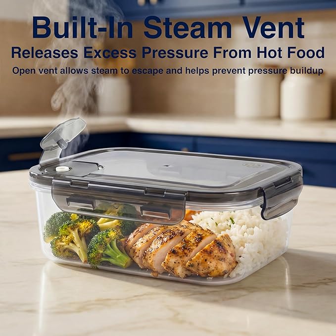 BPA-Free Plastic Airtight Food Storage Containers with Vented Lids, 5-Pack (3.4 Cups Each) for Meal Prep and Leftovers
