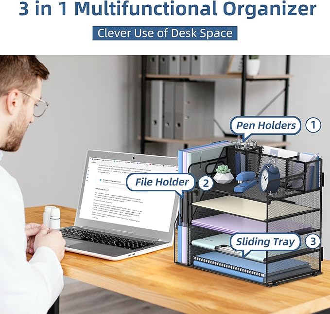 SUPEASY 5-Tier Paper Organizer for Desk with 3 Pen Holder and Magazine Holder, Paper Letter Tray Desk Organizer for Home, Office, School, Black