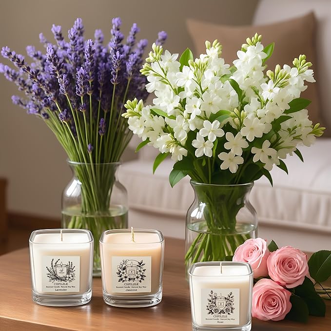 Scented Candles Gift Set (3 Pack) - Natural Soy Scented Candles for Home, Lavender Rose & Jasmine - Long Lasting Aromatherapy, Anthropologie Style Decor, Stress Relief Gifts for Women