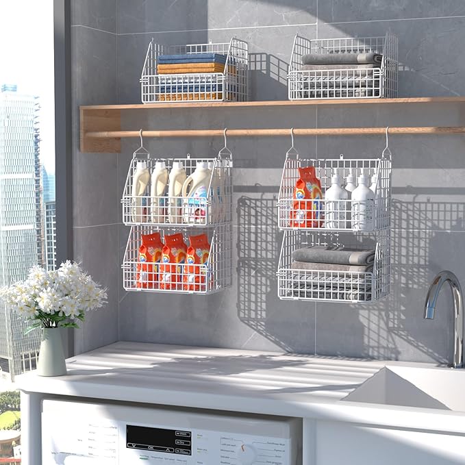 PUPPYCUTE Hanging Closet Organizer and Storage, Clothes Hanging Shelves Wire Baskets for Clothing Sweaters Purse Handbags Shoes White 3 Tier