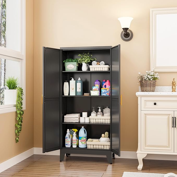 Ckzbx Black Metal Cabinets with Doors and Shelves,47.25" H Storage Cabinet White Pantry Cabinet Garage Cabinets for Kitchen,Living Room,Dinning Room