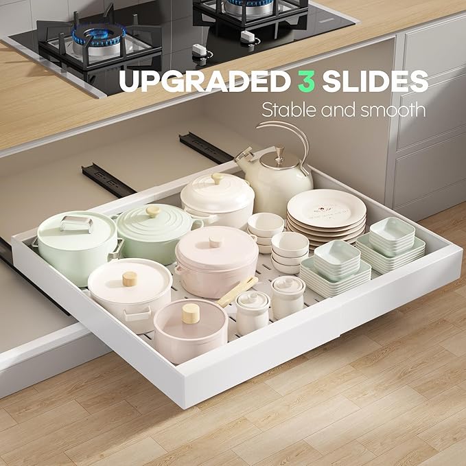 Seinloes 2 Pack Pull out Cabinet Organizer 21" Deep With Raising Pad for Framed Cabinets,Expandable (15.2"-26.3"W) Slide out Drawers for Kitchen Cabinets with 4pcs Divider Racks,Roll out Shelves,White