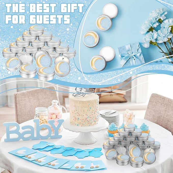 MTLEE 50 Pcs Over The Moon Baby Shower Candles 1 Oz Moon and Star Baby Shower Favors Gift Travel Tin Candle Aromatherapy Favors (Light Blue)