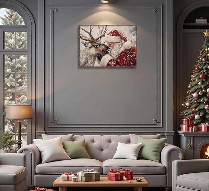 Paint by Number Kit for Adults & Kids, Santa and Reindeer Christmas DIY Painting Kit with Brushes, Paints & Hanging Kit, 16x20 Inch Canvas, Holiday Gift & Home Decor Art Project Unframed