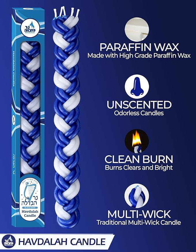Ner Mitzvah Braided Havdalah Candle - 12-Pack Flat Blue and White Paraffin Wax - Handcrafted Havdallah Candle - Shabbat Judaica Gift