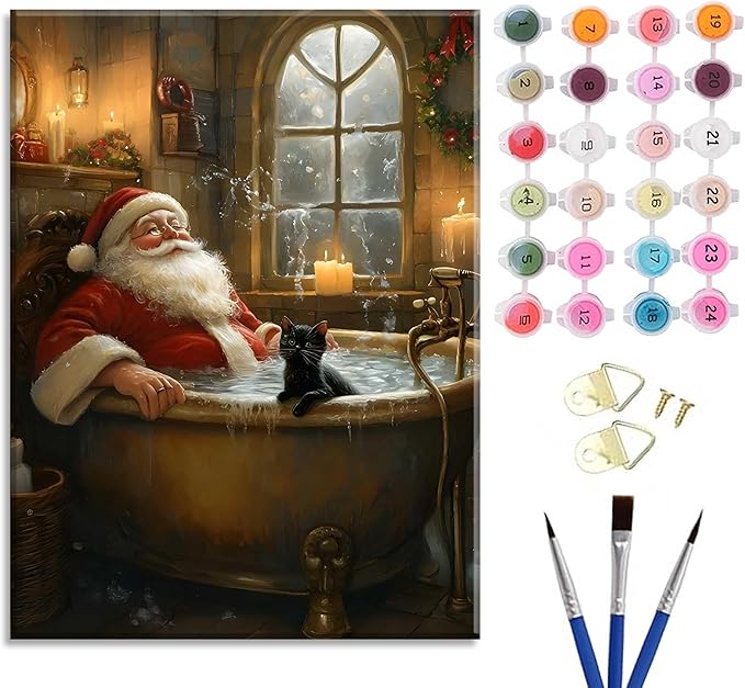 Paint by Number Kit for Adults, Funny Santa in Bathtub with Black Cat 16x20 Inch, DIY Acrylic Painting Kit with Brushes & Paints, Humorous Christmas Art Decor for Home Framed