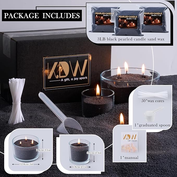 Candle Sand Wax Kit- 3lb Black Pearled Candle Sand with Wicks(50) Glass Jar(2) DIY Pearled Candle Making Kit Refillable Beaded Wax Set for Home Decor & Gifts
