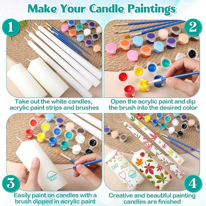 MTLEE 54 Pcs DIY Candle Painting Kit Include White Candles Colorful Acrylic Paint Strips and Paintbrushes for Crafts Making Wedding Birthday Party Centerpiece(Pillar, Taper)