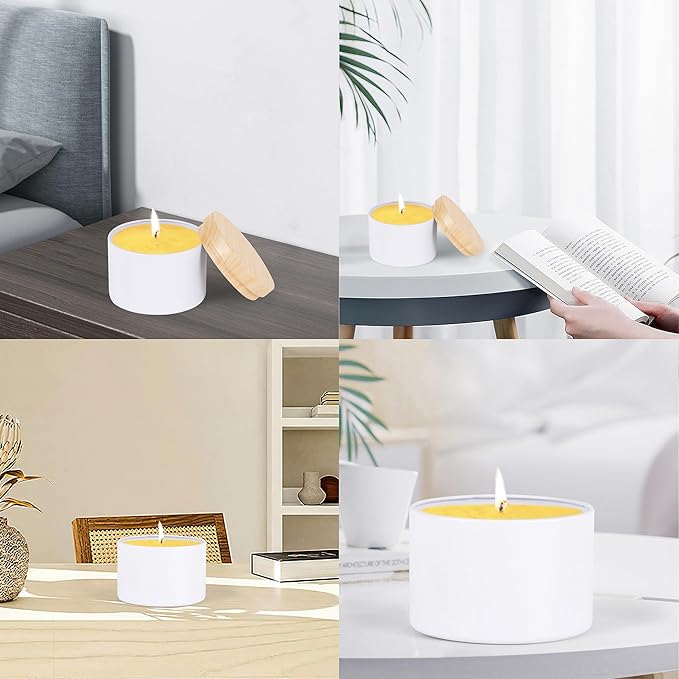 24 Pcs 8oz Candle Tins - Matte White Bulk Empty Candle Jars with Wood Grain Lids, Candle Jars for Making Candles,Candle Making Kit for Adults
