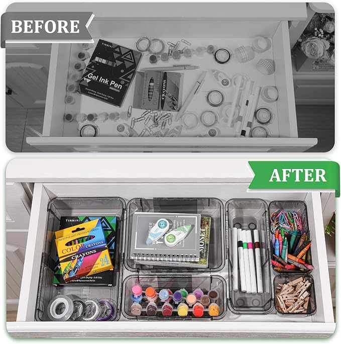 14 PCS Black Expandable Drawer Organizer, 3 Sizes Drawer Organizers and Storage, Vanity Dividers, Acrylic Storage Bins for Makeup, Jewelry Gadgets for Kitchen, Bedroom, Bathroom, Office