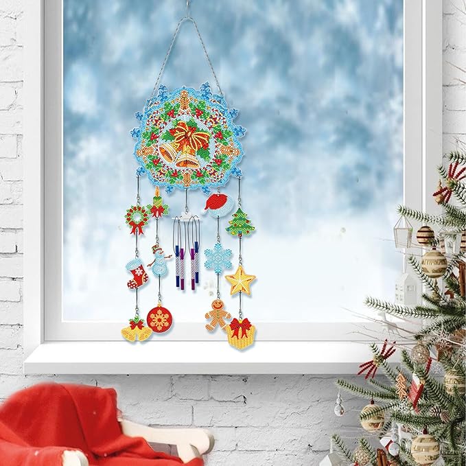 Christmas Bells Diamond Art Wind Chimes Hanging Pendant DIY Kits 5D Diamond Art Painting Christmas Wind Chime Hanging Ornament Double Sided Special Rhinestones Paint by Number Porch Tree Window Decor