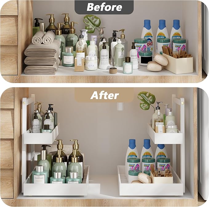 Bamboo Under Sink Organizer and Storage, 2 Tier Pull Out Cabinet Organizer, Slide Out Under Sink Storage Shelf, Undersink Organizers Shelves for Kitchen Bathroom Organization (White, 2 Packs)