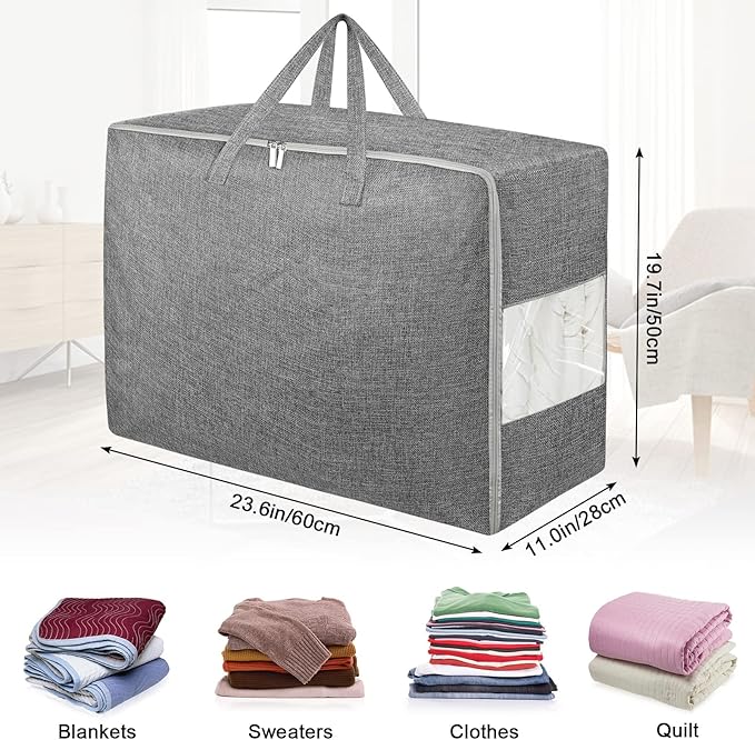 2Pack 84L Large Storage Bags, Folding Moving Comforter Blanket Storage Bags Closet Organizers and Storage Containers with Strong Handles&Zippers Clear Window for Clothes Bedding Pillow, Grey