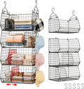 Jautokerdar 4 Tier Hanging Closet Organizer with Dividers,Extra Large Storage Hanging Shelf with 5 S Hooks 4 Dividers,Hang on Wire Closet Shelving Clothes Organizer-Black
