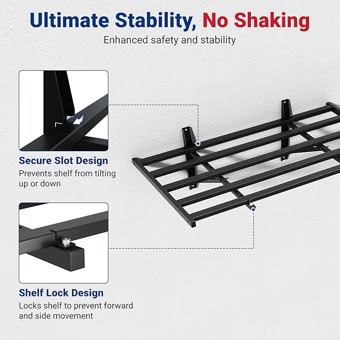 FLEXIMOUNTS 2x4ft Garage Wall Shelving, 2-Pack Heavy Duty Garage Shelving Wall Mounted with 8 Hooks, 400lbs Capacity, Storage for Power Tools, Garden Supplies, Storage Bins, Lite Series