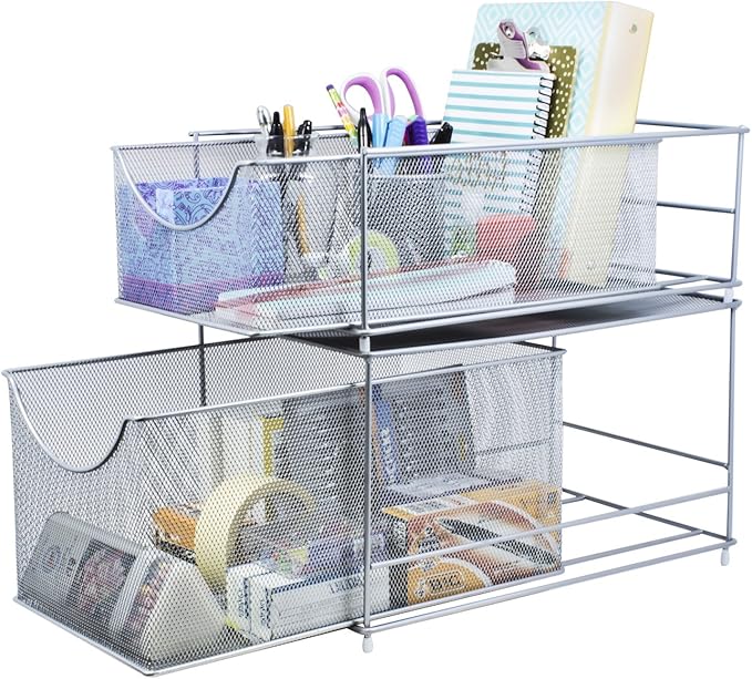 Sorbus® Cabinet Organizer Drawer with Cover—Mesh Storage Organizer w/Pull Out Drawers—Stackable, Ideal for Countertop, Cabinet, Pantry, Under the Sink, Desktop and More (Silver Bottom Drawer)