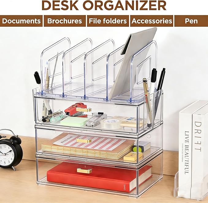 LALOBLUE Acrylic Desk Organizer with 4-Vertical File Holder Rack, 3-Clear Drawer and 2 Pen Holders, Desktop Storage for Office Desk Accessories School Classroom Organization (Clear)