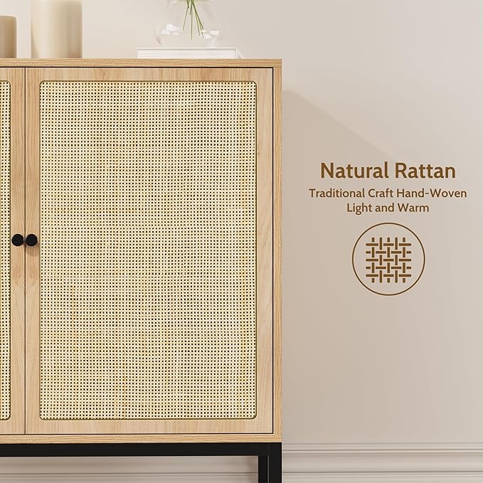 Yechen Set of 3 94.5" Sideboard Cabinet with Natural Rattan Decorated Square Doors, Rattan Cabinet, Accent Buffet Console Storage Credenza, for Living Room Entryway Kitchen, Natural, Metal Legs
