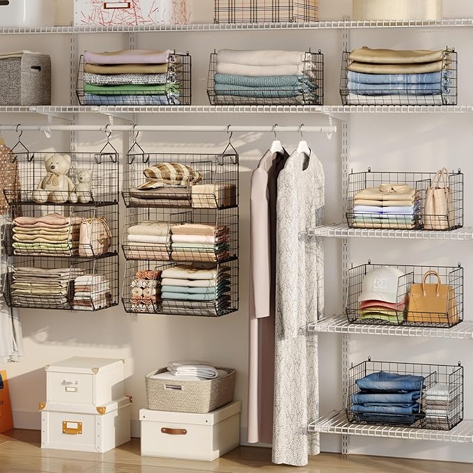 Jautokerdar 3 Tier Closet Hanging Shelves with Divider, Extra Large Closet Organizers and Storage, Clothes Hanging Organizer Clothing Sweaters Handbags Clutches Accessories