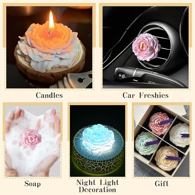 Peony Candle Mold for Candle Making, 3 Cavity Flower Silicone Molds for Epoxy Resin Wax Soap Clay Plaster Tealight Candles Crafts Casting Home Décor Handmade Gifts