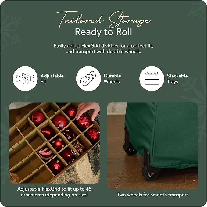 Covermates Keepsakes Rolling Adjustable Ornament Storage Bag – Heavy-Duty Polyester, FlexGrid Trays & Padded Dividers – Protective Holiday Organizer with Wheels, Handles & ID Window, Green