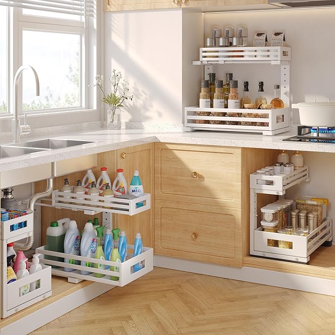 2-Pack Under Sink Organizers and Storage,2-Tier L Shape Pull Out Cabinet Organizer With Round Tube Slide Rails,Hight Adjustable Slide Out Drawers for Kitchen&Bathroom,Multi-Purpose Storage Shelf-White
