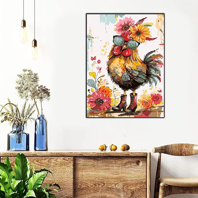 Meothan Framed Paint by Numbers Kits for Adults, Hen Chicken Adults Paint by Number with Framed on Canvas for Home Wall Decor 12x16inch (with Easel)